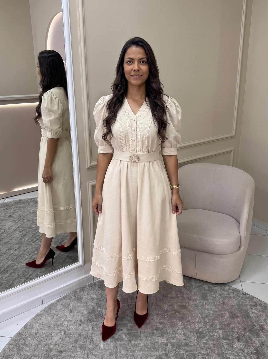Vestido Renata - Bege Areia (frente)